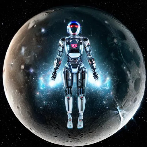 Prompt: hyper detailed robotic gel infused hybrid quantum electronical humanoid android floating above a moon in space with galaxies and stars