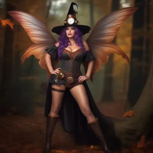 Prompt: Wide angle. Whole body showing. Detailed Illustration. Photo real. Very realistic. A beautiful, buxom woman with broad hips. Colorful, bright eyes,  standing in a forest by a sleepy town. Shes a Steam Punk Witch, a Winged Fairy, with a Skimpy, flowing outfit. On a colorful, Halloween night. 