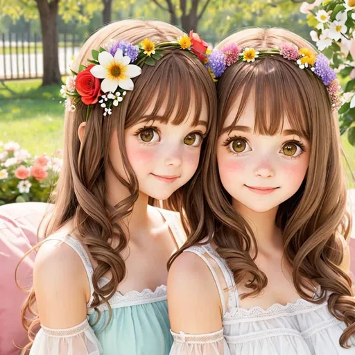 Prompt: two  cute girls, flowers in hair
