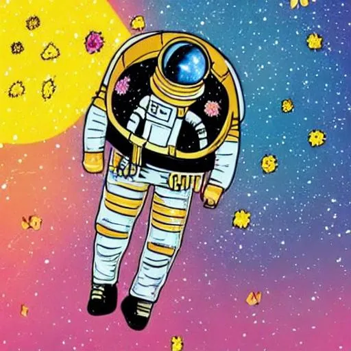 Prompt: 
Realistic astronaut, walking on a planet flowers with butterflies all around him all flowers, pastel fantasy aesthetic with tiny, cute, bumblebees, eating pizza, the tiny tiny, yellow and black with small, yellow and black, with a never ending galaxy background
