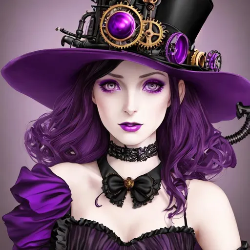 Prompt: steampunk princess, pale skin, dark hair, facial closeup, vibrant  purple colors, black dress and hat
