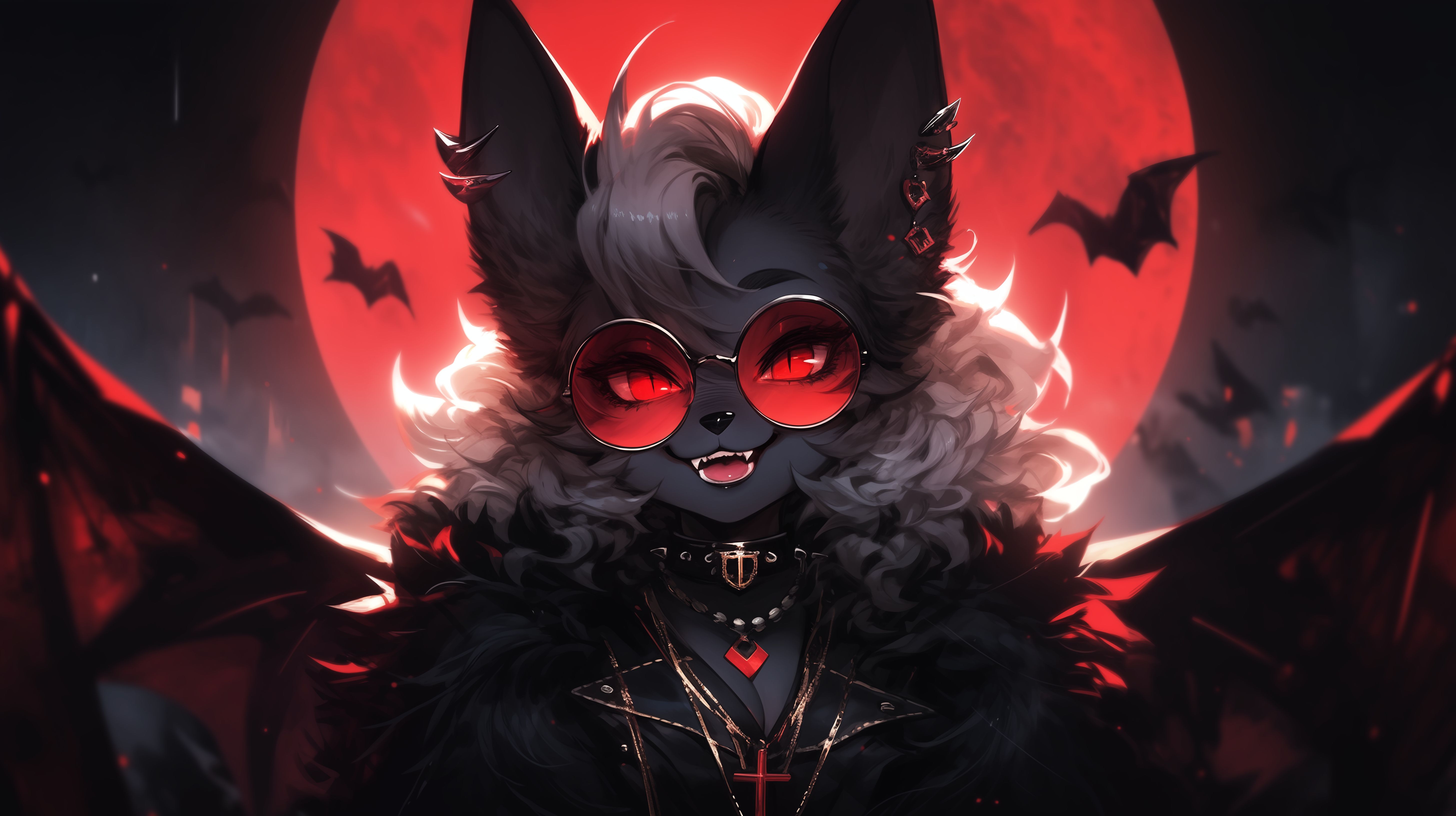 Prompt: anthro bat, black fur, female, vampire, round vintage steampunk glasses with red tinted mirrors, night, moon, wearing vampire clothes, high detail, best quality, ultra-detailed, attractive, smile, soft lighting, hyper realistic.