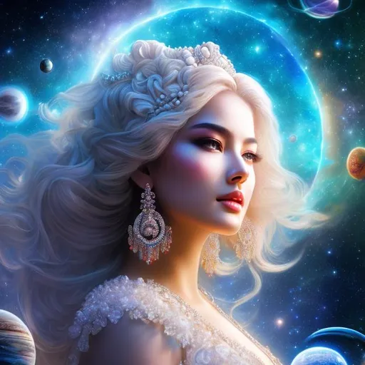Prompt: create photo of beautiful female goddess in white, extremely detailed face, space and planets an nebulae in sky highly detailed, extremely detailed environment, extremely detailed background, extremely detailed skin, natural colors , professionally color graded, photorealism, 8k, realistic, moody lighting, ambience lighting, complex filigree, galactic environment, volumetric lighting