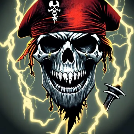 Prompt: Pirate skull with lightning t shirt design


