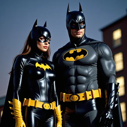 Prompt: she is wearing a black leather batgirl costume, she is wearing yellow boot.gloves, and a utility belt, a yellow bat on her chest. her batcowl is skin tight and covers the top of her head and face, she is  standing next to batman who is taller then her his gloves are black, the bat on his chest is grey, they are standing on top of a building at midnight