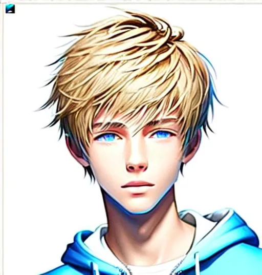 Prompt: Concept art, digital brush, Beautiful young teen boy, (16 year old kid) (messy hair)+ ((hair covering eye))++ emo cut, lightbrownhair boy, hair, sharp gaze, blue eyes, innocent, boy model, 16 years old, hot, pretty, cute, hoodie zipper, cinematic lighting, blue sky, bright colors, blue, green, yellow, white,  luminous, hyperdetailed, great composition, professional, artstation award, (white background)++ 