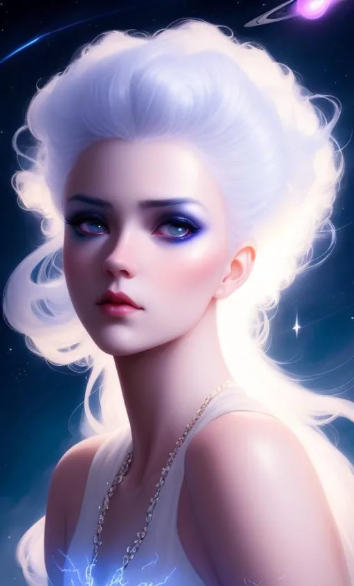 Prompt: beautiful cool girl with an different hairstyle. Her Hair is made of white ethereal white puff glowing clouds in a updo held by glowing shooting stars and Saturn ring, dramatic lighting coming from the planets, aesthetic, inspiring, creative, hyperdetailed, rim lighting, art by artgerm , Peter mohrbacher, Greg rutkowaski, Tom Bagshaw, WLOP, digital art, smooth, aesthetic, glow, shimmer