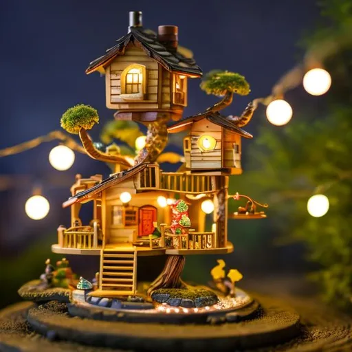 Prompt: tiny tree house with yellow cherry blossom bonsai and garden at night string lights
