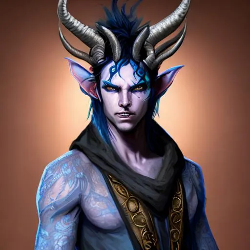 Prompt: d&d character, tiefling male, 2 symmetrical translucent horns, blue skin, black hair, casual fantasy clothes, highly detailed, lifelike, natural lighting,