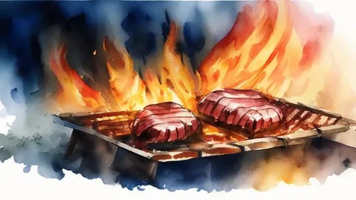 Prompt: barbecue on the grill, fire flash, watercolor