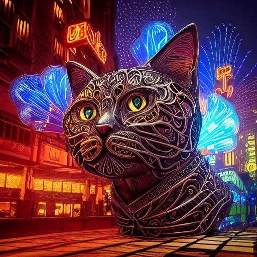 Prompt: intricate landscape Art deco metal cat, metal, color, flowers, ornate, intricate, flowing, neon, led, fractals, hyper-detailed, 64K, UHD, HDR, unreal engine, vivid colors