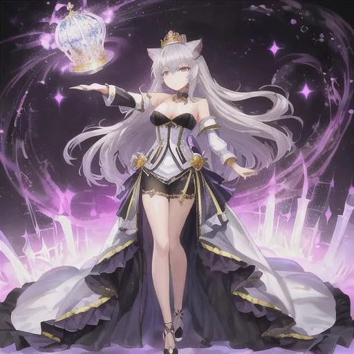 Prompt: young woman, queen, crown, slender, silver hair, cat ears, purple eyes, angry, full body