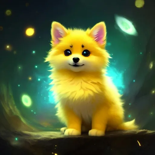 Prompt: Cute, yellow, fluffy, fantasy light puppy, with lighting, yellow eyes, yellow fur, and possessing the element of space and making circles of lighting stripes
 move around in the air in a magical way, in a space background. Perfect features, extremely detailed, realistic. Krenz Cushart + loish +gaston bussiere +craig mullins, j. c. leyendecker +Artgerm.