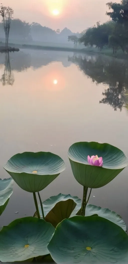 Prompt: in foggy morning, new bron bady on the lotus flower 