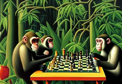 Prompt: Monkeys playing chess oil painting in style of henri Rousseau 