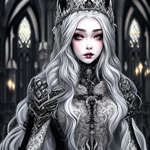 Prompt: Silver haired queen with hyper detailed crown in white gothic style dress


