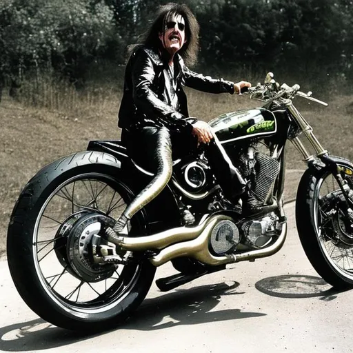 Prompt: Alice Cooper riding a snake motorcycle
