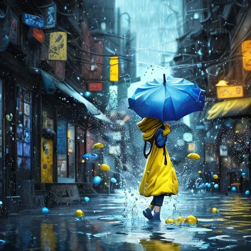 Prompt:  (((A black and white theme))), with a girl splashing in a bluepuddle, with a blue umbrella and yellow coat. Background is a sidewalk in a city. (detailed matte painting, deep color, fantastical, intricate detail, splash screen, complementary colors, fantasy concept art, 8k resolution trending on Artstation, Unreal Engine 5)