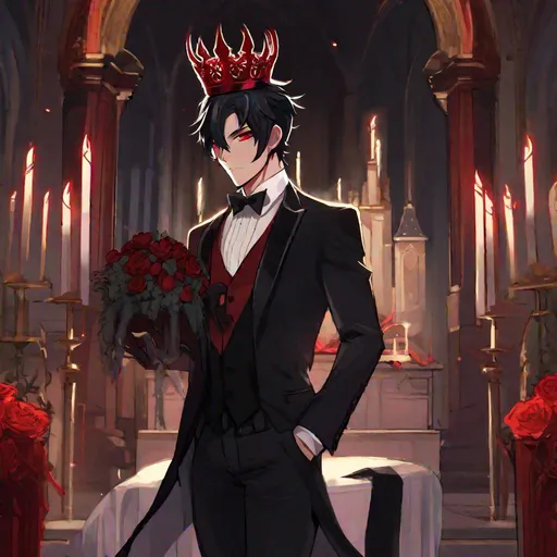 Prompt: Damien  (male, short black hair, red eyes) demon form, wearing a tuxedo, standing at the altar, biting his lip seductively, wearing a crown, holding a knife
