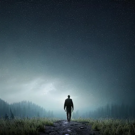 Prompt: a lone man walking in the forest, looking into the vastness of the night sky, Southern Cross constellation
