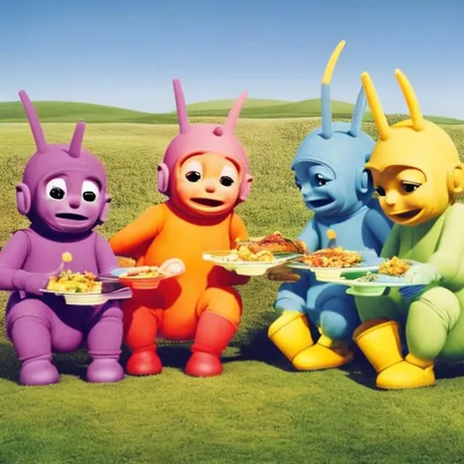 Prompt: Teletubbies sharing a meal