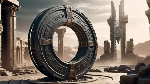 Prompt: magical portal between cities realms worlds kingdoms, circular portal, ring standing on edge, upright ring, freestanding ring, hieroglyphs on ring, complete ring, ancient roman architecture, ruins of atlantis city plaza setting, side view, futuristic cyberpunk tech-noir setting