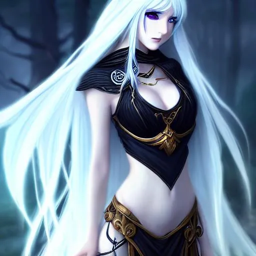 Anime queen with long white hair, blue eyes and tanned skin