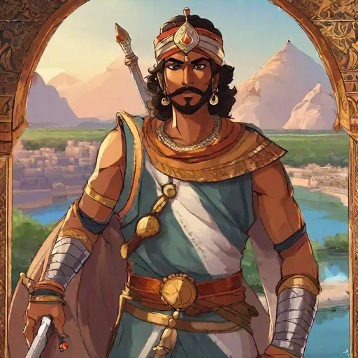 Prompt: A rajput warrior from medieval India. He wields a curved sword and holds a shield. In background the Nile. Rpg art. Anime art. 2d art. 2d. Well draw face. Detailed. 