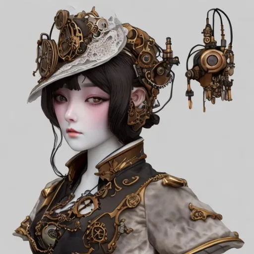 Prompt: concept sketch of a white porcelain and bronze steampunk automaton with a white doll face 