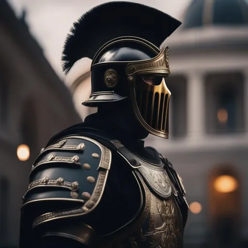 Prompt: A modern roman military male in black military armor galea helmet of roman armor, with a gunfire and gas mask, background Battle in London, Hyperrealistic, sharp focus, Professional, UHD, HDR, 8K, Render, electronic, dramatic, vivid, pressure, stress, nervous vibe, loud, tension, traumatic, dark, cataclysmic, violent, fighting, Epic