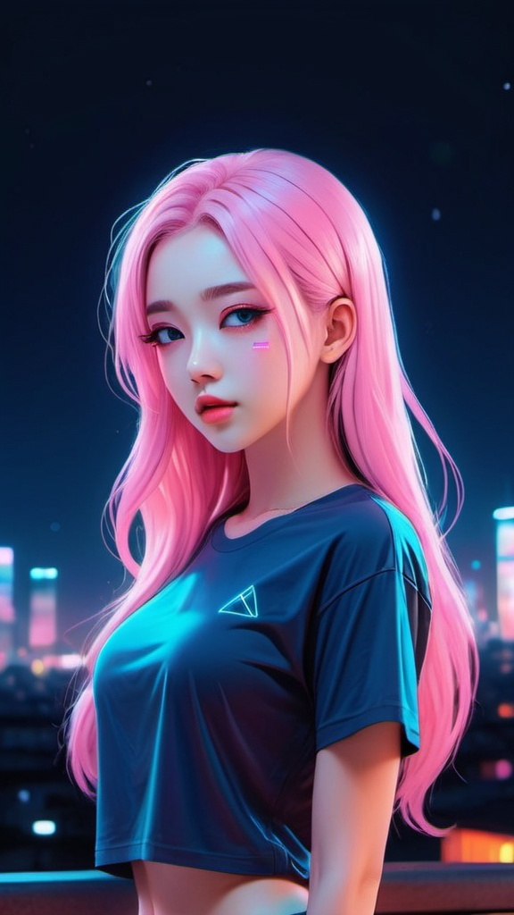 A beautiful girl, Bright night landscape,pink dark s...