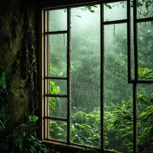 Prompt: rain, forest, window