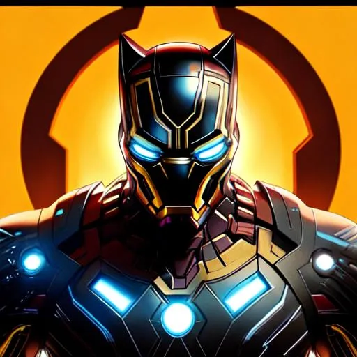 Prompt: cyberpunk , black panther as  Iron Man , highly detailed , dynamic , concept art , lots of colours , sharp focus , golden background, symmetrical , infographic.