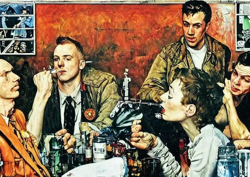 Prompt: Trainspotting, heroin works, needle, syringe, Norman Rockwell painting, Lucien Freud 