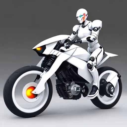 Prompt: Futuristic robot, agile, dangerous, white, realistic, exposed mechanics, strong, full body picture, riding motorcycle