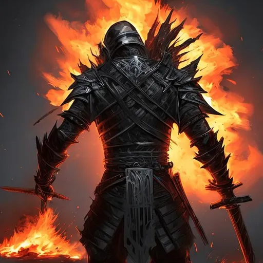 Prompt: a  young man crouched down  covered in black armor  a sword on his back and his back turned to us while he over looks a burning 
building.  fantasy ebook looking