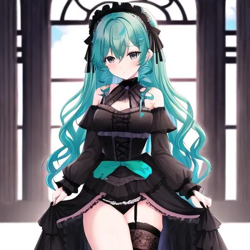 Prompt: Chikafusa 1male. Teal hair; Wavy with long strands down the shoulders that is Curly medium in the back. Black eyes. Wearing a Gothic-style Lolita outfit featuring a black lace-trimmed dress with a fitted bodice and a voluminous skirt. The dress is adorned with intricate lace patterns, bows, and ribbons. Completing the look are knee-high socks or stockings, platform shoes, and accessories such as a wide-brimmed hat, choker, and lace gloves. The overall aesthetic is dark, elegant, and Victorian-inspired.Anime style, UHD