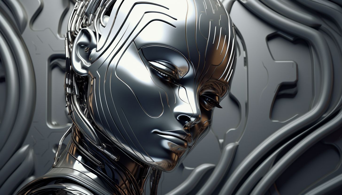 Prompt: a woman's head with silver curving lines, in the style of ray tracing, metallic finishes, surreal robotics, ancient egypt, 8k resolution, elegant, emotive faces, polished metamorphosis --ar 128:73 --style raw --v 5.2