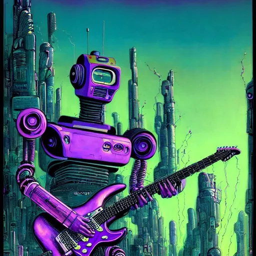 Prompt: A portrait of a psychedelic retrofuturist robot playing a purple stratocaster electric guitar, with a dramatic futuristic city in the background. Comic art by Enki Bilal. Highly detailed. Trending on artstation. 