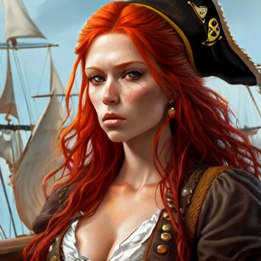 Prompt: Hyperrealistic painting of a pirate redhead women, daytime, somber, 16k, highly detailed 