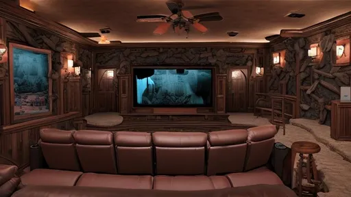 Prompt: Illustrate an attractive medium size home theater in a basement with no windows, no doors, a 100" LCD screen with built in home theater speakers on both sides of the LCD screen, the home theater is set in the style and theme of the movie "Tombstone", with the look of an old 1860's dark western saloon with pine woods with copper accents, recessed lighting on the ceiling and side walls, a small bar with glasses and bottles on one wall, seating for four people.