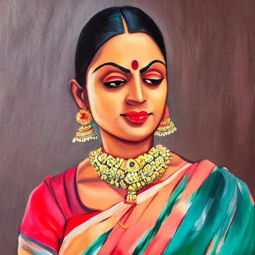 Prompt: an oil painting of a beautiful indian woman in saree, portrait, perfect facial features, blue eyes, natural colors, standing character, expression of waiting, in front of dressing table, doing make up