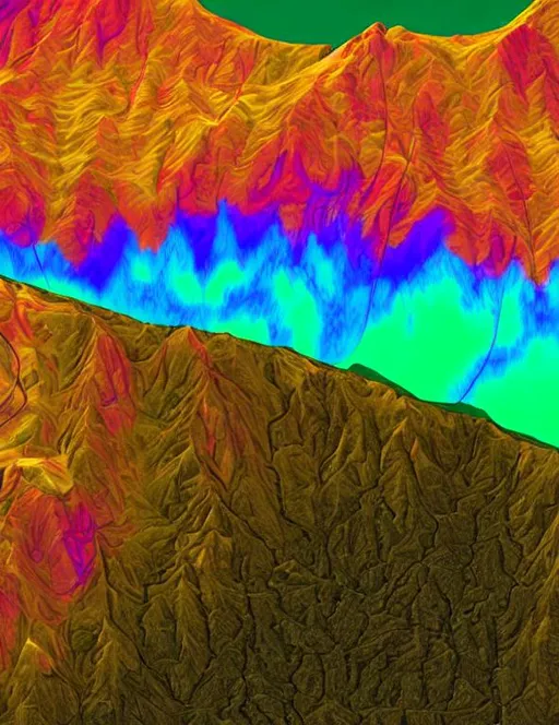 Prompt: A photograph of a mountain range with transparent radar data on top. Interferogram fringes are transparent over the contours of the terrain in the photograph. There are cartographic labels over features and boundary lines.

The theme is using Synthetic Aperture Radar to detect slope failures and perform long-term monitoring of landslides

On mountain on the left side should be a black and white color scale. A different mountain on the right side should be a fringes of a rainbow-like turbo or jet colormap
