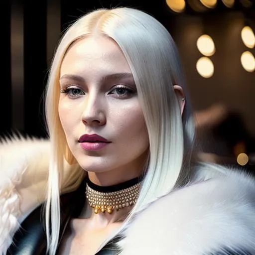 Prompt: Inimage, imagine a 3D Digital image of a beautiful, wealthy albino woman, with long white hair, yellow eyes, and a red ink tattoo sleeve on her right arm sitting in a club under lowlights. Wearing a cropped fur jacket and a skimpy top. HD, full body, highly detailed, digital photo, smooth, sharp focus, unreal engine 5, natural white spot light shining on subject. Realistic shadows.