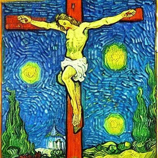 Prompt: The lords crucifixion at galgotha Van Gogh style mixed media oil on canvas painting 