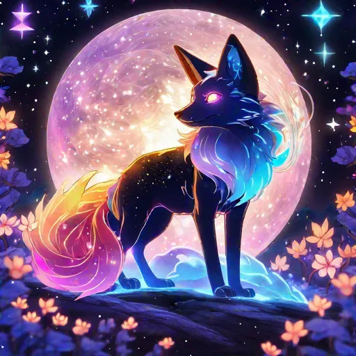 Prompt: A colorful translucent kyūbi no kitsune that is glowing, nebula, glitter, in the den, beneath the stars, bioluminescent, highres, best quality, concept art