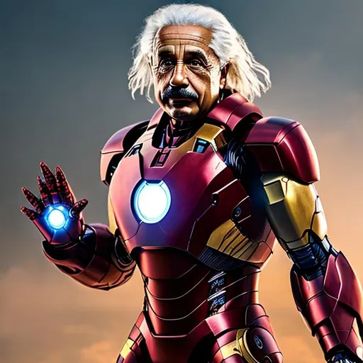 Prompt: Albert Einstein as Iron man, mask off, extremely, detailed environment, detailed background, intricate, detailed skin, natural colors , professionally color graded, photorealism, 8k, moody lighting.