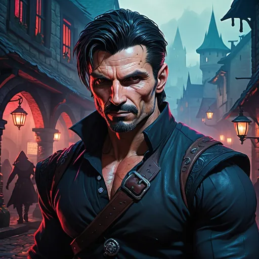 Prompt: Frank Grillo, Detailed DnD fantasy art of a heroic  dnd rogue, Anya    black eyes, scar at the cheek, slim ripped and muscular body, slender and withy body, traditional detailed painting, detailed intricate black fantasy leather armour, visible black leather trousers, dramatic lighting, vibrant colors, high quality, game-rpg style, epic high fantasy, traditional art, dramatic dark lighting, fascinating, dark gloomy vibrant colors, high quality details, small shoulder armor, small bracers, all clothes and armours in dull black, a karambit in the right hand, in a huge very detailed DnD fantasy city landscape with a murky ambiente, atmospheric lighting, highres, detailed architecture, medieval buildings, ancient streets, immersive, murky tones, medieval, mysterious, foggy, gloomy moody atmosphere, various habitans in the city background