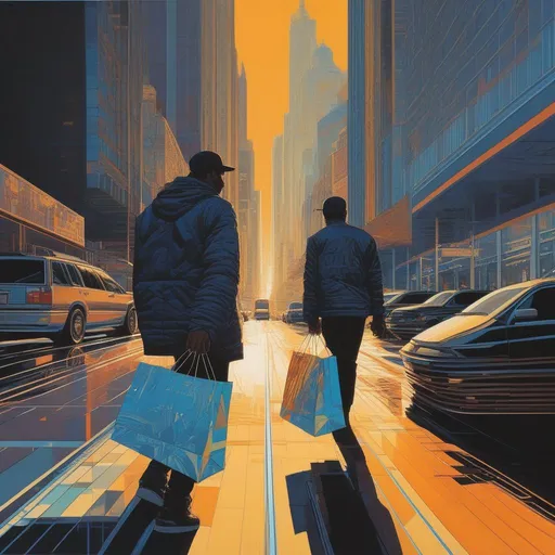 Prompt: man wearing yeezys picking up shopping bags on a roadway, a highly detailed  painting by Kilian Eng close up, golden ratio, strong composition 