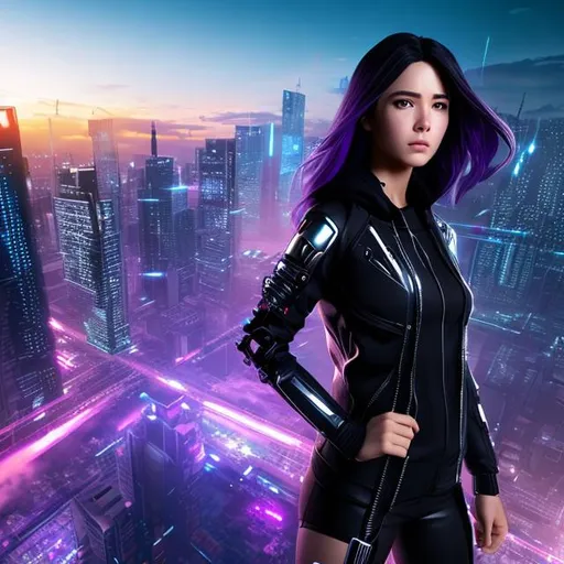 Prompt: 4k high resolution cgi anime cyberpunk style, full body display, clear face, Marvels kate bishop alone, black hoodie, purple hair, jumping off building, no weapons